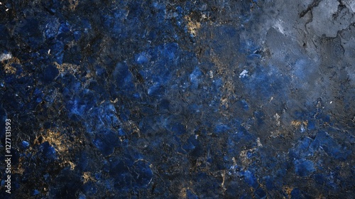 Polished cement wall with deep sapphire blue stone texture and gold accents