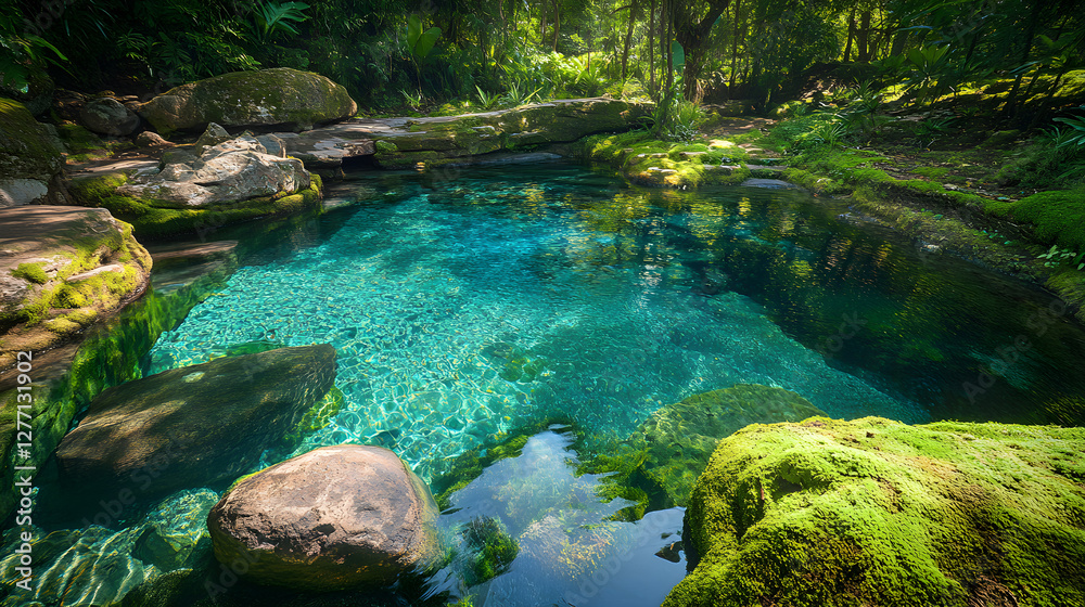 Naklejka premium A Lush Oasis: Tranquil Natural Pool Surrounded by Verdant Foliage and Moss-Covered Rocks