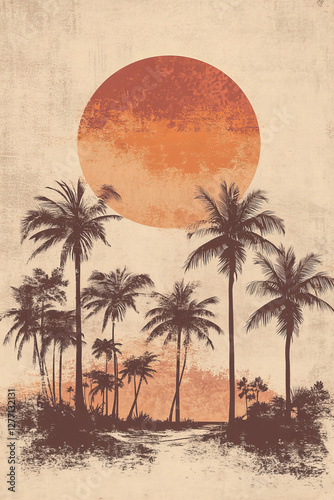 Mid-century modern tropical wall art with banana leaves and sun, vintage botanical illustration in earthy tones, abstract nature landscape with textured background

