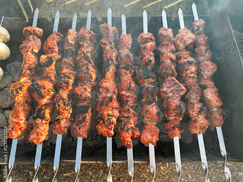 Georgian Shashlik Skewers Slowly Roasting Over Hot Coals on the Grill