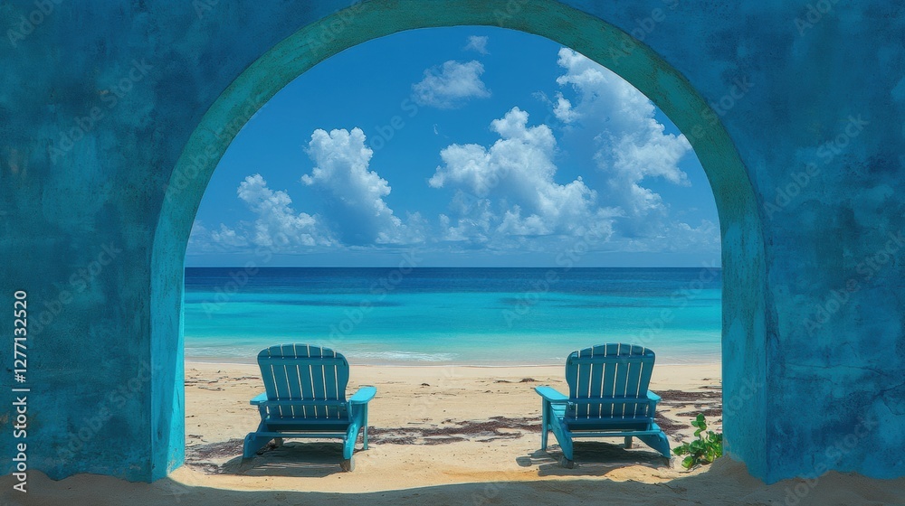 Fototapeta premium Arched blue window on the beach framing a stunning ocean view under a clear sky with clouds