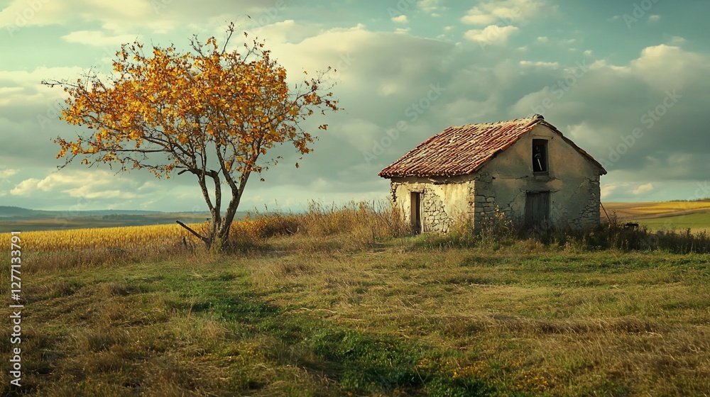 Lonely autumnal farmhouse in field. Lonely autumnal farmhouse in field.