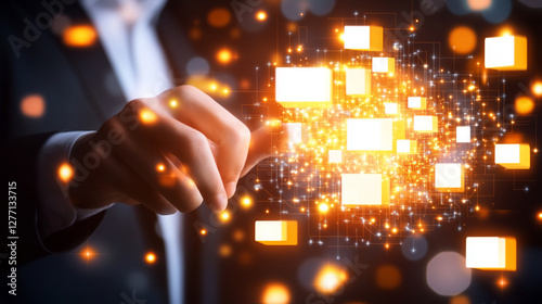 A business professionalâs hand clicking on a futuristic digital document management interface, surrounded by glowing file icons and database symbols. The advanced UI represents clo