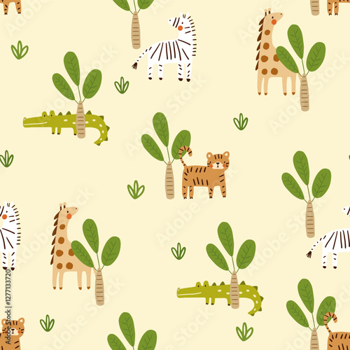 African animals: baby zebra, tiger, leopard, alligator, giraffe on a neutral beige background with palm trees and grass. Kids wallpapers seamless pattern design.