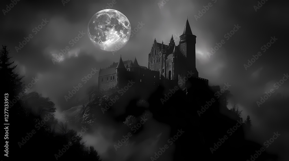Moonlit dracula castle on a hill, high contrast, dynamic lighting, black and white. Dark Fantasy Moonlit Castle. Illustration Moonlit dracula castle on a hill, high contrast, dynamic lighting, black and white. Dark Fantasy Moonlit Castle. Illustration