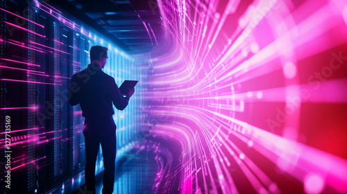 A network engineer standing in a futuristic data center, carefully inspecting server cables and hardware while using a tablet for performance analysis. The glowing LED lights and a