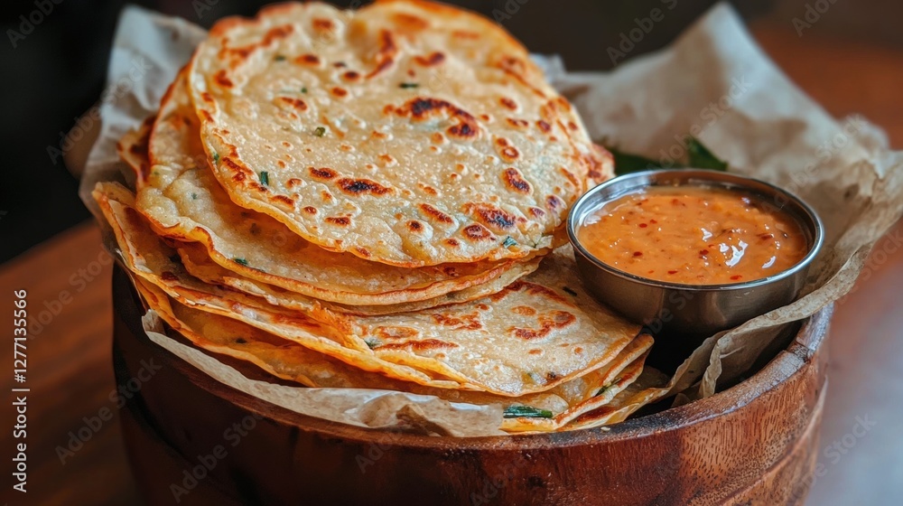 Wooden bowl filled with a stack of flatbreads. the flatbread is golden brown in color and appears to be freshly cooked. it is stacked on top of each other and is resting on a piece of parchment paper. Wooden bowl filled with a stack of flatbreads. the flatbread is golden brown in color and appears to be freshly cooked. it is stacked on top of each other and is resting on a piece of parchment paper.