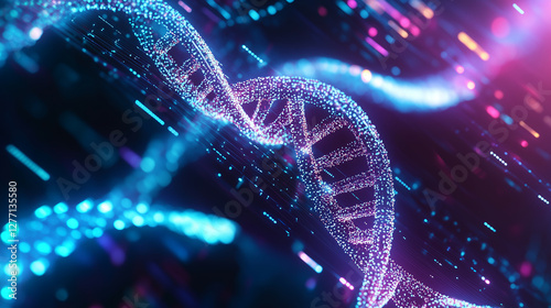 A futuristic AI-driven interface analyzing DNA sequences for cancer-related mutations. The glowing double helix and molecular data streams illustrate the integration of artificial