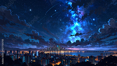 Magnificent city and beautiful night sky, anime style