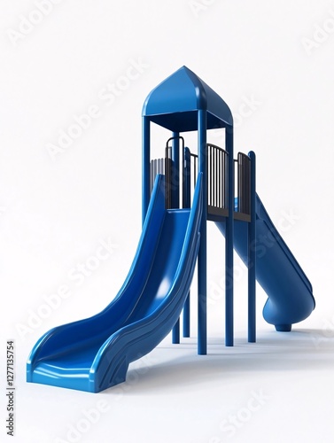 A modern blue playground with a tower and dual slides set against a white background, representing children’s recreation and outdoor fun