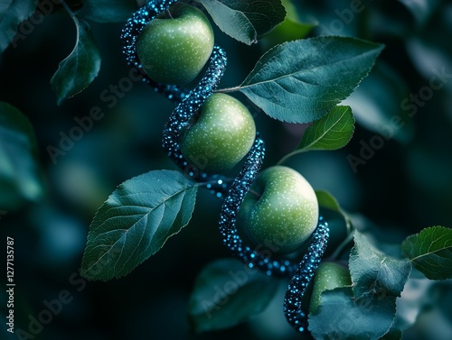 Green branch with apples, and next to it new DNA. Genetically modified products, concept.