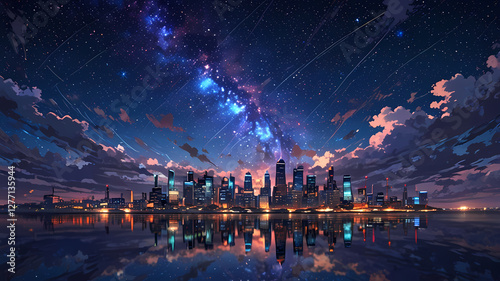 Magnificent city and beautiful night sky, anime style