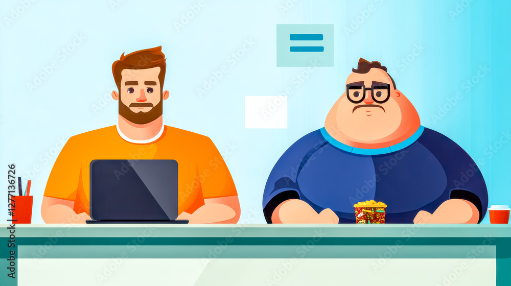 Healthy employee working on laptop next to overweight colleague eating snacks Healthy employee working on laptop next to overweight colleague eating snacks