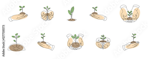 Spring set of green sprouts in linear style. Vector illustration with colorful spots isolated on white background
