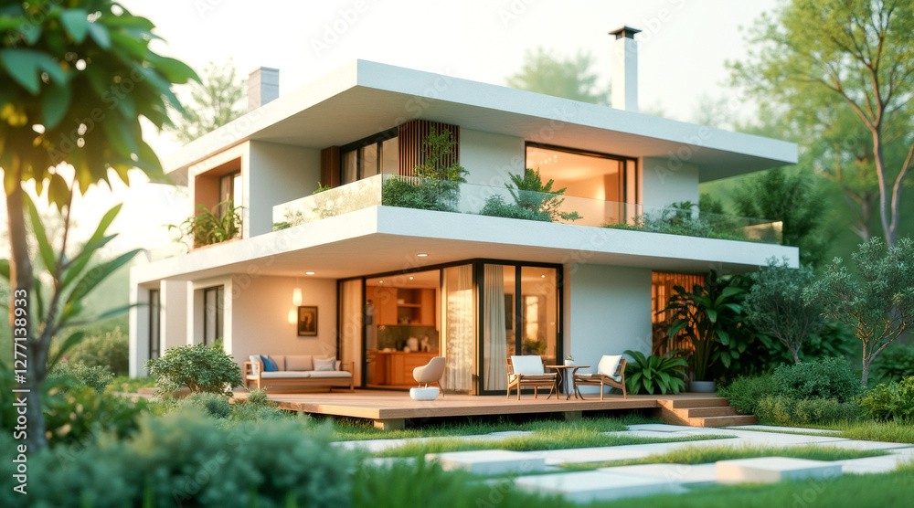 contemporary two-story house with minimalist nestled in a lush green