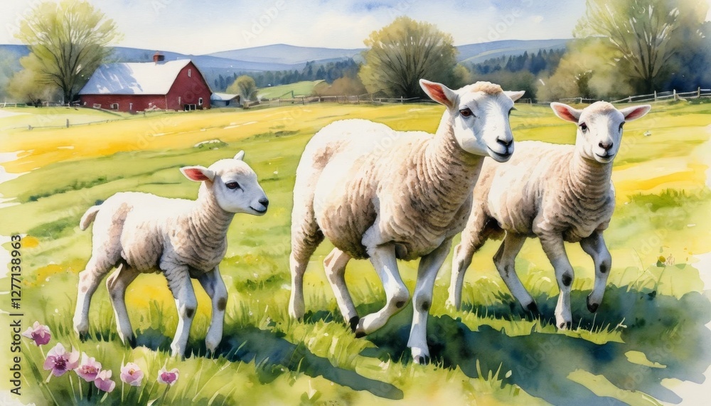 Fototapeta premium Watercolor illustration of playful lambs interacting in a lush green meadow with a rustic barn in the background, capturing the essence of farm life