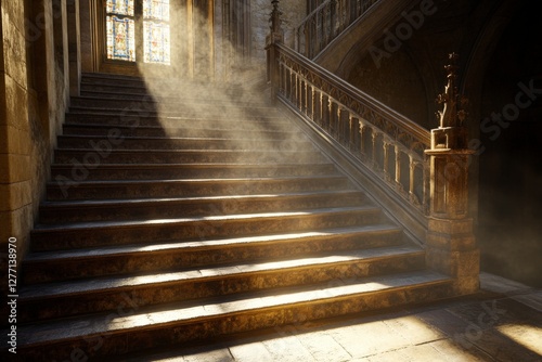 Sunlight filters through stained glass in a historic staircase creating a mystical atmosphere