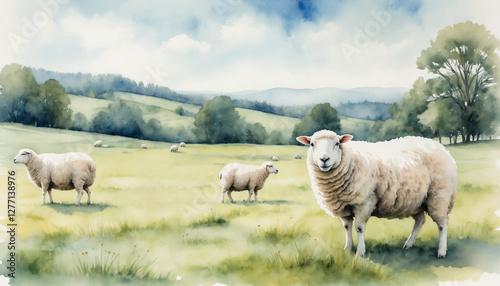 Watercolor illustration showcasing serene pastoral landscapes of sheep graze peacefully in a lush green field under a clear blue sky during early spring