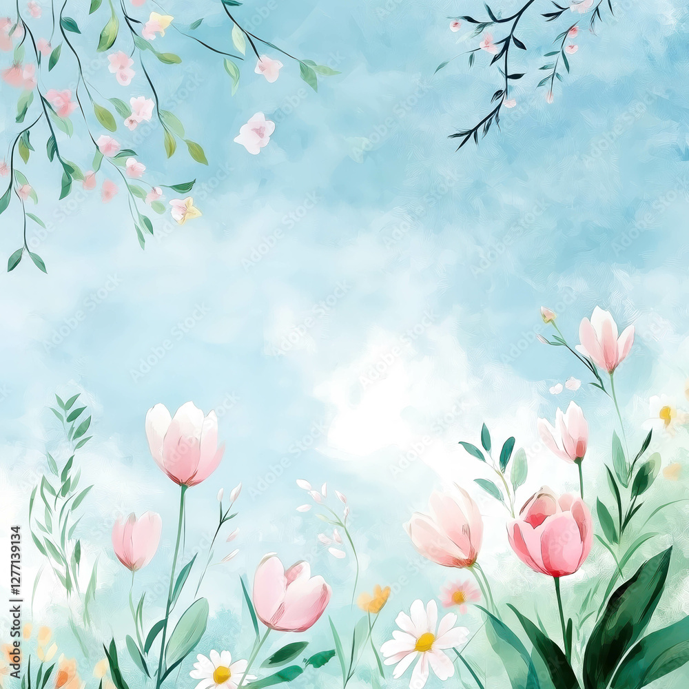 beautiful and delicate watercolor spring illustration, blooming cherry blossoms, soft pastel flowers tulips and daisies, and fresh green leaves. A gentle blue sky with subtle clouds serene atmosphere. beautiful and delicate watercolor spring illustration, blooming cherry blossoms, soft pastel flowers tulips and daisies, and fresh green leaves. A gentle blue sky with subtle clouds serene atmosphere.