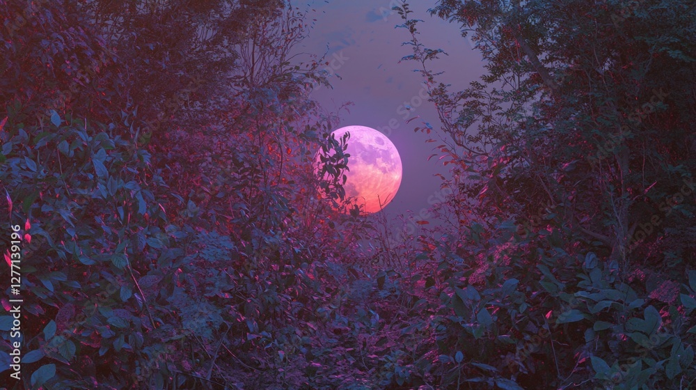 Naklejka premium Digital illustration of a full moon in the night sky. the moon is partially obscured by trees and bushes, creating a beautiful and serene atmosphere.