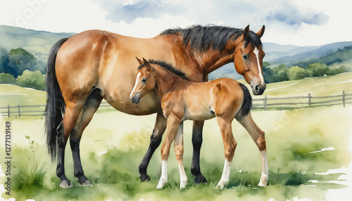 Watercolor illustration depicting a mare standing protectively beside her newborn foal in a lush green pasture, surrounded by rolling hills and a wooden fence under a cloudy sky