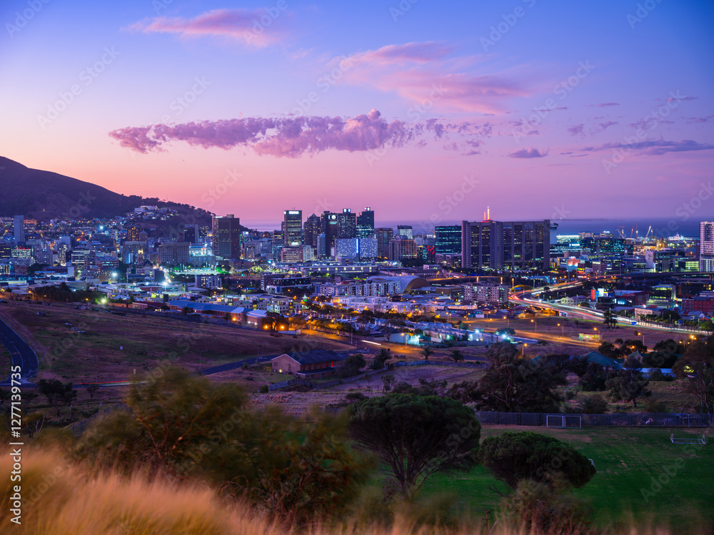 City of Cape Town Lit Up at Twilight with Colorful Sky, South Africa