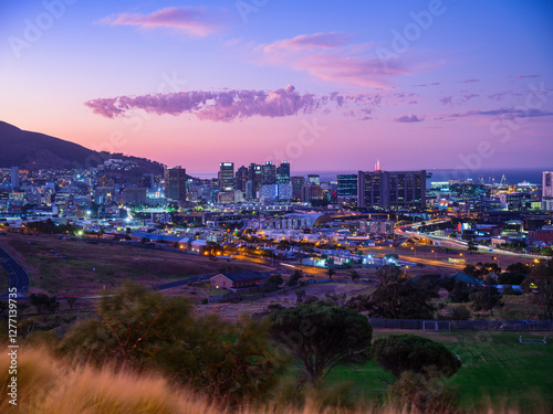 City of Cape Town Lit Up at Twilight with Colorful Sky, South Africa