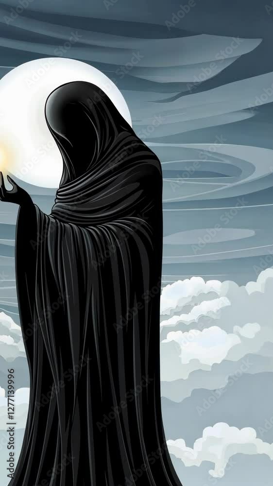 Mysterious figure in black cloak holding glowing orb stands amidst swirling clouds at dusk Mysterious figure in black cloak holding glowing orb stands amidst swirling clouds at dusk