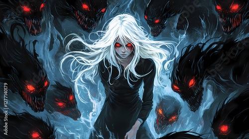 Eerie white-haired figure surrounded by shadowy monsters with glowing red eyes, conveying an intense atmosphere of fear and otherworldly menace. Otherworldly Shadow Creatures. Illustration photo