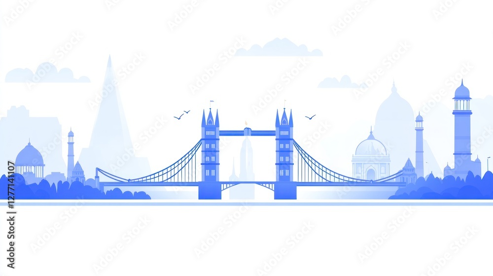 Obraz premium A stylized illustration of Tower Bridge with a city skyline in blue tones.