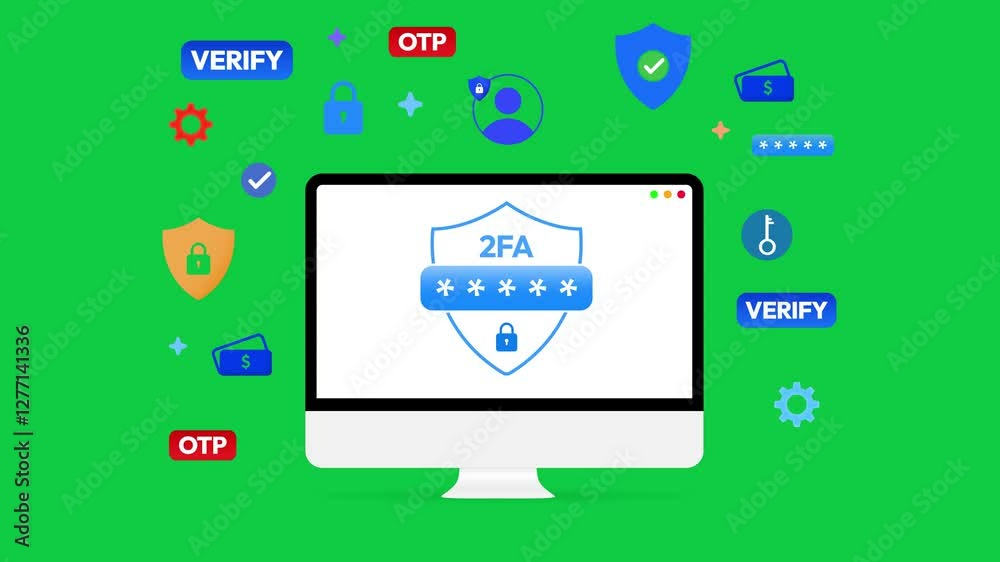 2FA security concept floating designs around the screen 4k animation with green backdrop for keying. Two-factor authentication, lock, verification concept