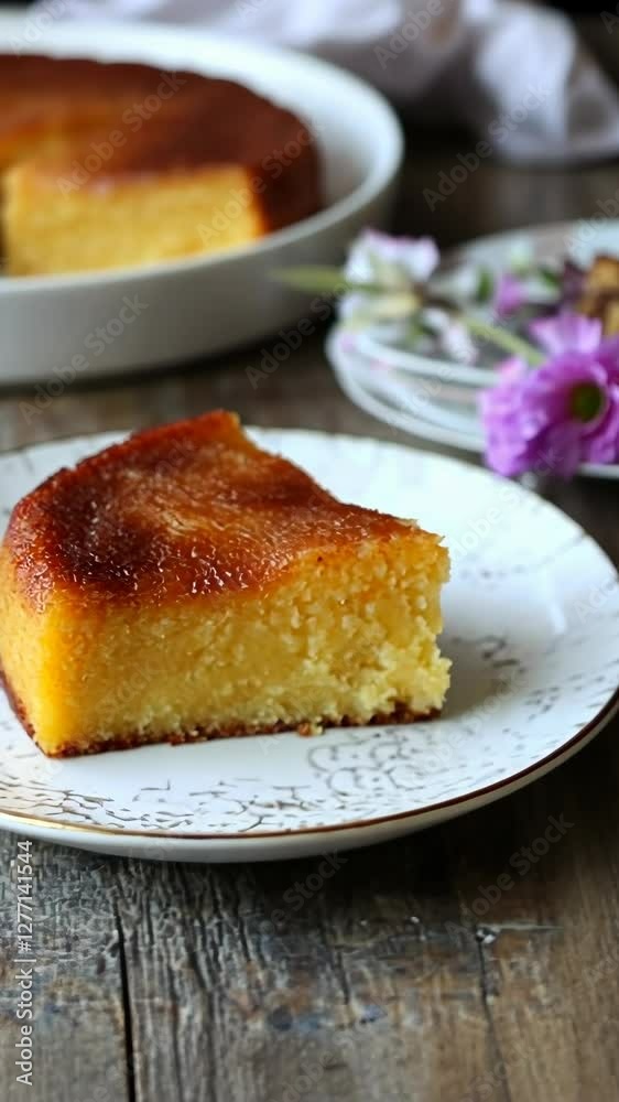 Slice of traditional dessert served on decorative plate with flowers in the background at a cozy kitchen setting Slice of traditional dessert served on decorative plate with flowers in the background at a cozy kitchen setting