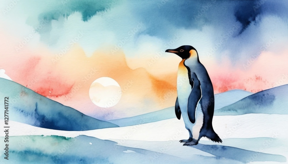 Fototapeta premium Watercolor illustration of a penguin stands proudly on a snow-covered surface, surrounded by soft hills as a vibrant sunset paints the sky in hues of orange and blue