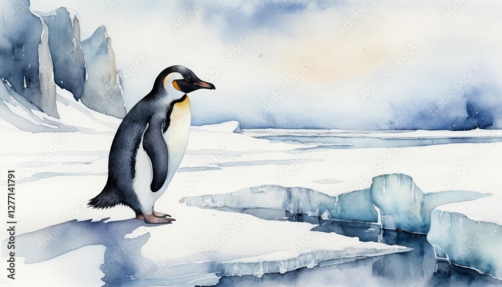 Obraz premium Watercolor illustration of a penguin stands on the edge of ice and water, exploring the icy wilderness in a picturesque during the winter season