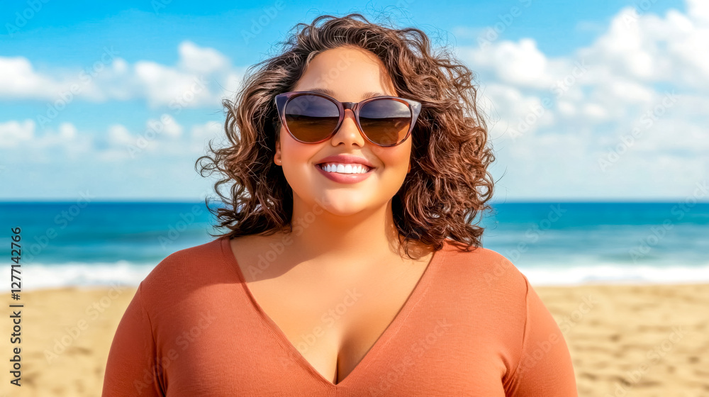Plus size woman smiling and wearing sunglasses at beach Plus size woman smiling and wearing sunglasses at beach