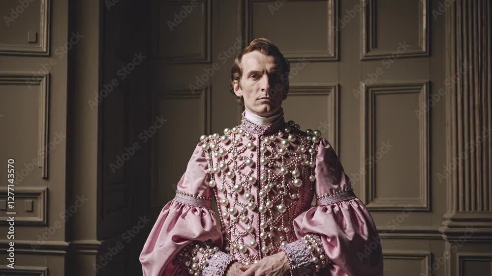 Historical reenactment features a nobleman wearing an elegant pink costume, standing in a stately room with wood paneling and subtle lighting, evoking a sense of timeless grace Historical reenactment features a nobleman wearing an elegant pink costume, standing in a stately room with wood paneling and subtle lighting, evoking a sense of timeless grace
