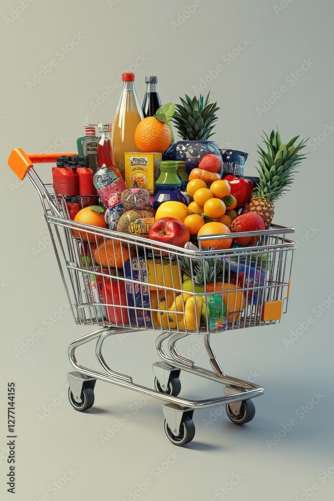 A 3D shopping cart overflowing with groceries, fresh fruits, and household essentials