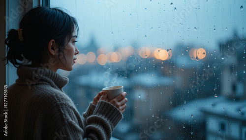 A person in a cozy sweater standing by a rain-streaked window, holding a steaming cup of tea. Their gaze is directed outside, where blurred city lights create a soft, dreamy atmosphere of solitude and