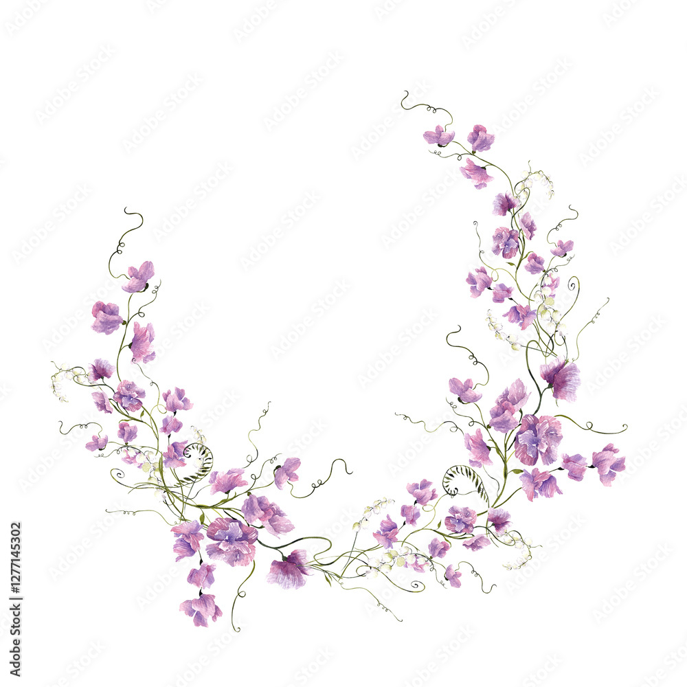 Watercolor hand draw wreath with spring flowers, meadow wildflowers, isolated on white background