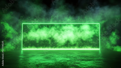 Neon green smoke rectangle on dark background with reflective surface