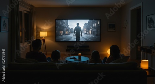 a family sitting in front of a huge flat screen television in the living-room in the evening watching a movie spending leisure time together photo