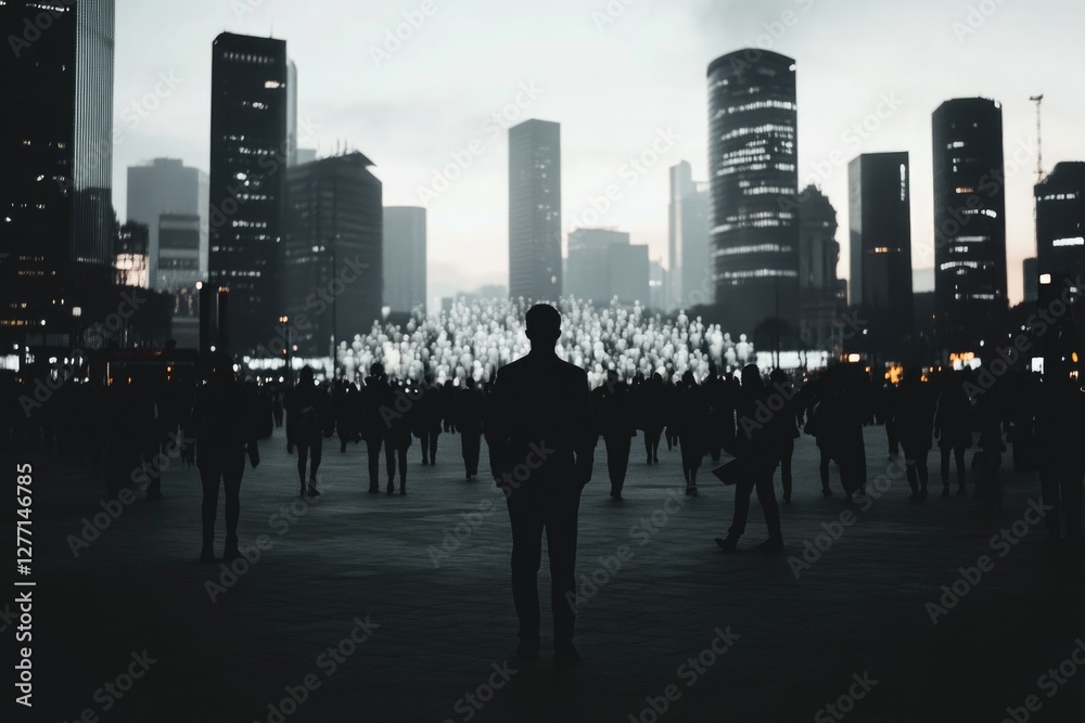 Obraz premium Silhouetted crowd in urban skyline at dusk with male figure in foreground