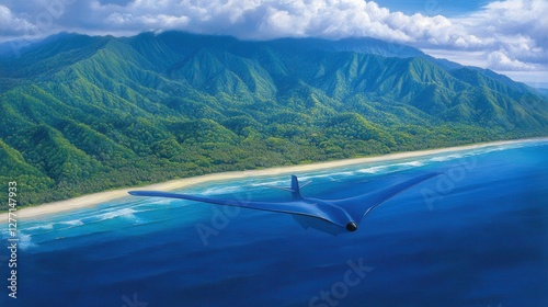 Wallpaper Mural Aerial view of a futuristic drone over lush coastal mountains tropical landscape serene environment Torontodigital.ca