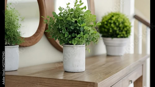 Plants on console table, home interior, stairs background, décor