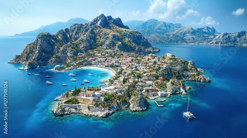 Scenic aerial view of a coastal island village mediterranean sea photography serene environment high angle travel inspiration