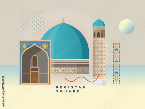 Registan Square Elements in Samarkand, Uzbekistan - Stock Illustration