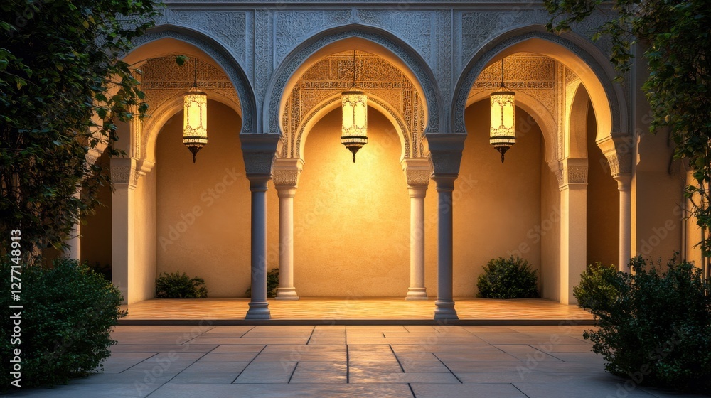 Fototapeta premium Serene Architectural Design of An Elegant Courtyard at Dusk