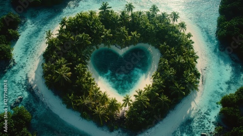 Heart-shaped tropical island paradise aerial view nature photography serene environment romantic concept