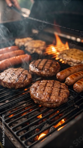 Close-up of a barbecue grill with juicy burgers and sausages cooking over open flames, grill marks visible, rich textures, warm and inviting lighting, realistic smoke effect
