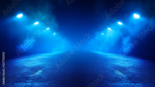 A shadowy, deserted street scene set against a dark blue background, featuring neon lights, glowing spotlights, and smoke rising from the textured asphalt floor--creating a moody nighttime ambiance